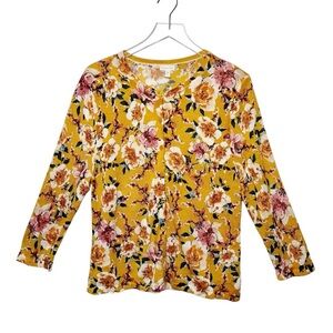 Garnet Hill Golden Floral Merino Wool Women’s Crew Neck Cardigan Sweater Sz L